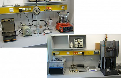 Abb. 1 Pulverlabor, oben: Analysenwaage, Vakuumpumpe und Siebturm, unten: Fliehkraftkugelmhle, Rollenmischer und Hydraulikpresse