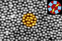 15 nm x 10 nm groes (Rastertunnel-)mikroskopiebild der quasikristallinen Oxidschicht.
Der Bildausschnitt zeigt die Anordnung der Atome in Quadraten, Dreiecken und
Rhomben. Zusammen bilden sie die fr das quasikristalline Fliesenmuster
charakteristischen Zwlfecke (gelb hervorgehoben).