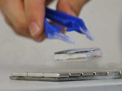 Ein Hochtemperatur-Supraleiter schwebt im Magnetfeld