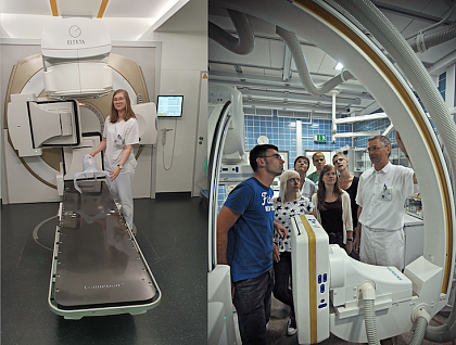 Medizin-Physik am Universitäts-Klinikum Halle. (links) Medizinphysikerin Lea-
Barbara Klein an einem Partikel-Linearbeschleuniger zur Radiotherapie. (rechts)
Medizin-Physiker und Mediziner des Universitätsklinikums an einem
Hochleistungs-Röntgenstrahler. (Fotos: Detlef Reichert)